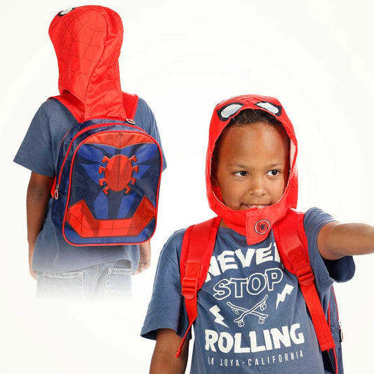 Marvel Spiderman Red Backpack for Kids with Integrated Costume Hood