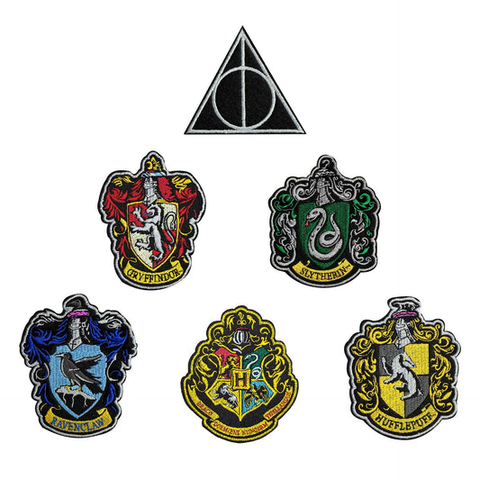 Set mit 6 Deluxe-Aufnähern: Hogwarts-Häuser und Heiligtümer des Todes