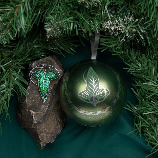 Lord of the Rings kerstbal met blad van Lórien broche
