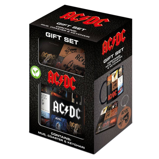 AC/DC Geschenkset – Klassische Alben: Tasse, Untersetzer &amp; Schlüsselanhänger