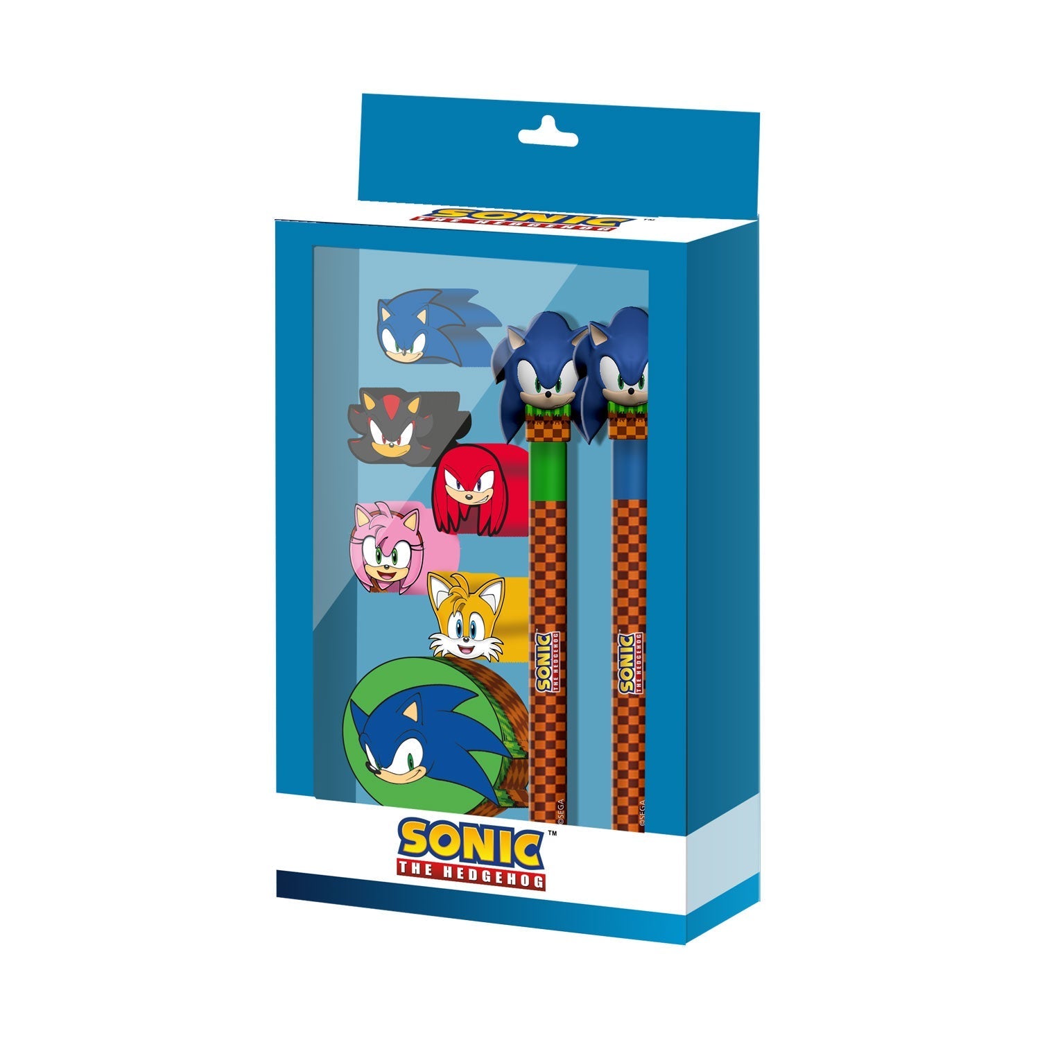 Stylo Gel Effaçable + Crayon Éternel + 5 Gommes + Taille-crayon Sonic the Hedgehog « Greenhill Pack Sonic »