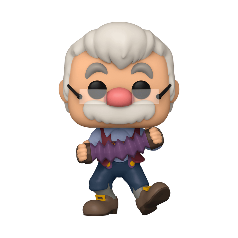 Geppeto avec Accordéon Pop! Geppetto has his accordion and is jumping for joy at the news of joining his beloved Pinocchio in your Disney Pinocchio collection. Vinyl figure is approximately 4.25-inches tall