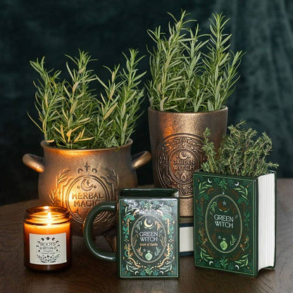 Green witch book-shaped vase