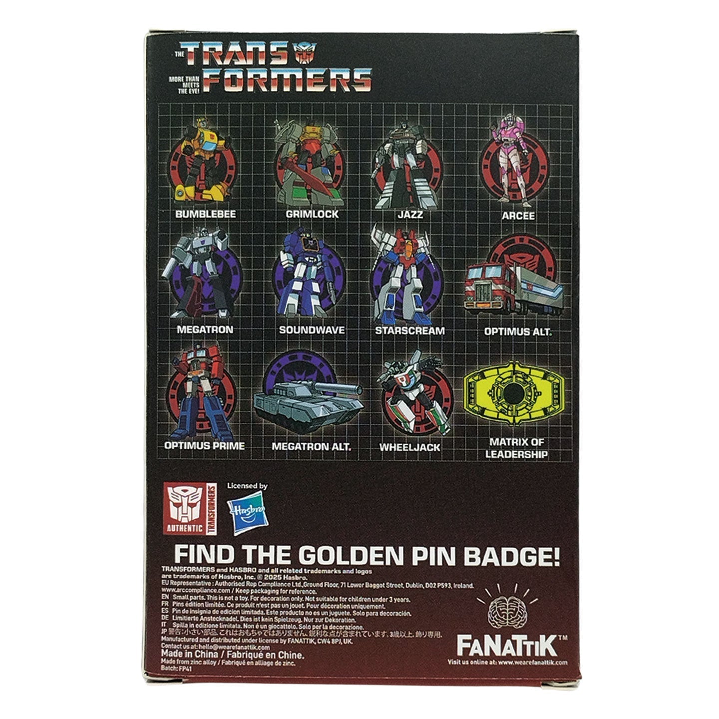 Display de 12 blind boxes Transformers - pin’s mystère - packaging arrière
