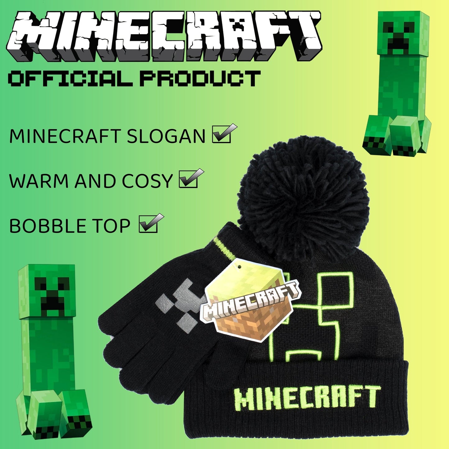 Minecraft Hat & Gloves Set – gris Creeper