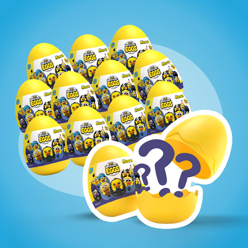 Close up view of Minions TUBBZ Mystery Eggs Bundle. Image shows 11 Eggs and 1 is missing