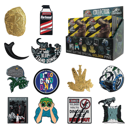 Display de 12 blind boxes Jurassic Park & Jurassic World - pin’s mystère - packaging principal