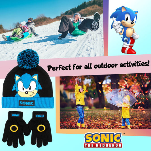 Mütze und Handschuhe – Sonic THE HEDGEHOG Winter-Set für Jungen – Schwarz