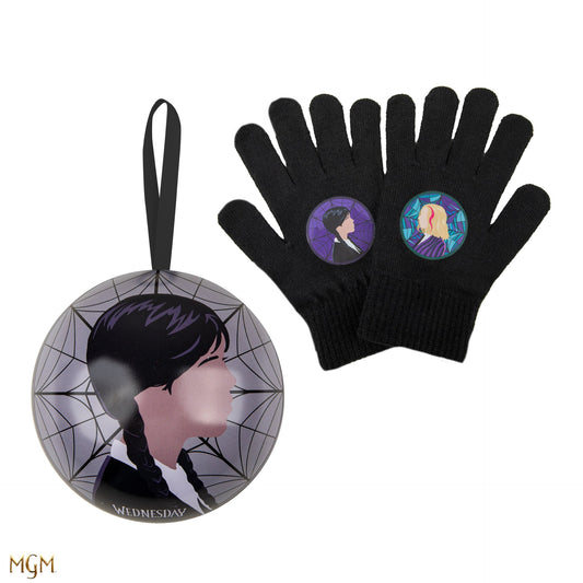 Weihnachtskapsel Handschuhe Wednesday und Enid