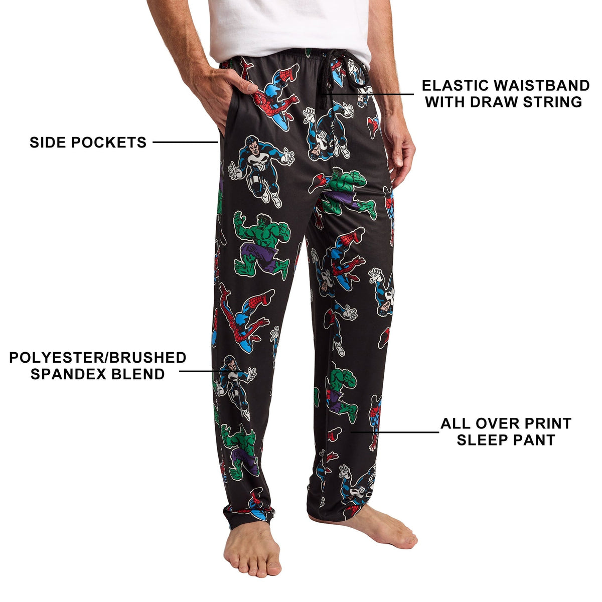 Marvel Comics Presents Spider-Man, Punisher & Hulk All-Over Print Men’s Black Sleep Pajama Pants
