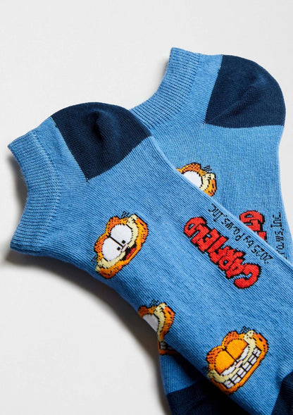 Chaussette courte bleue BeGarfield Faces, détail du motif Garfield – Besocks