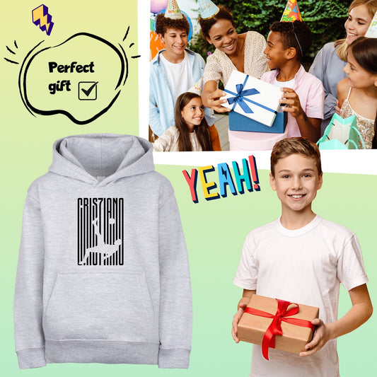 Fußball-Hoodie – Fringoo Gaming Grau für Jungen Baumwollreich Weich Kapuze – Cristiano Kick Grau