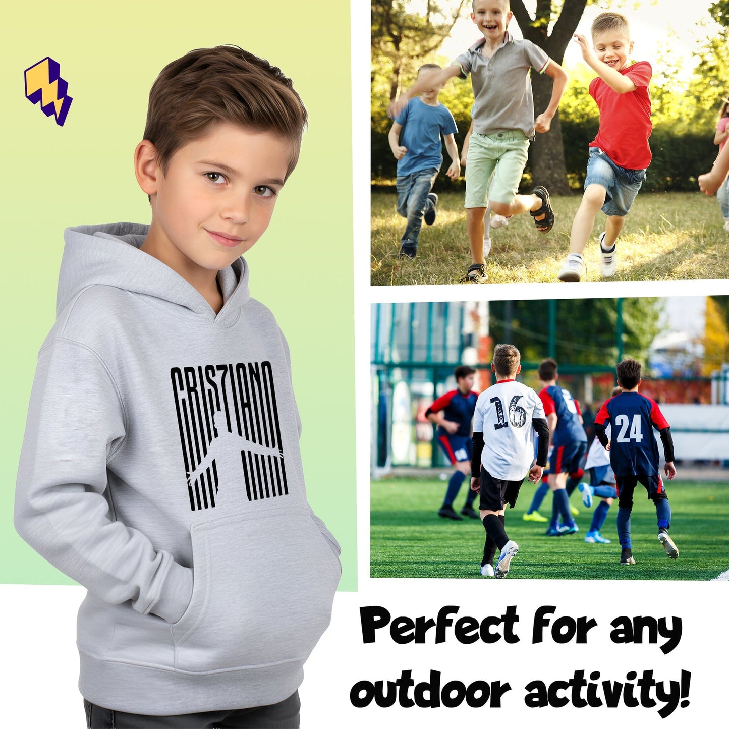 Sweat à capuche football – Fringoo gaming gris for Boys Cotton Rich Soft Hooded – Cristiano gris