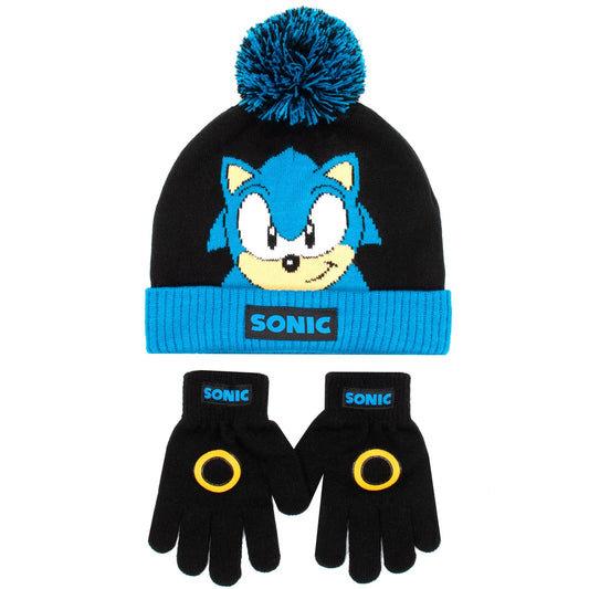 Mütze und Handschuhe – Sonic THE HEDGEHOG Winter-Set für Jungen – Schwarz